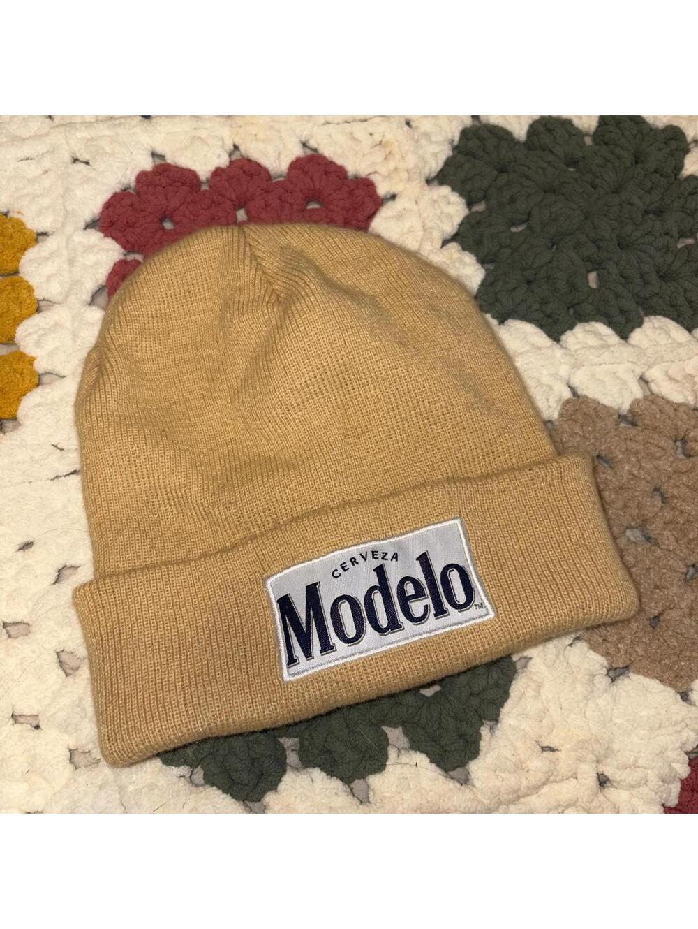 Modelo Cerveza Cuffed Beer Embroidered Beanie Hat Tan Unisex One Size Stretch